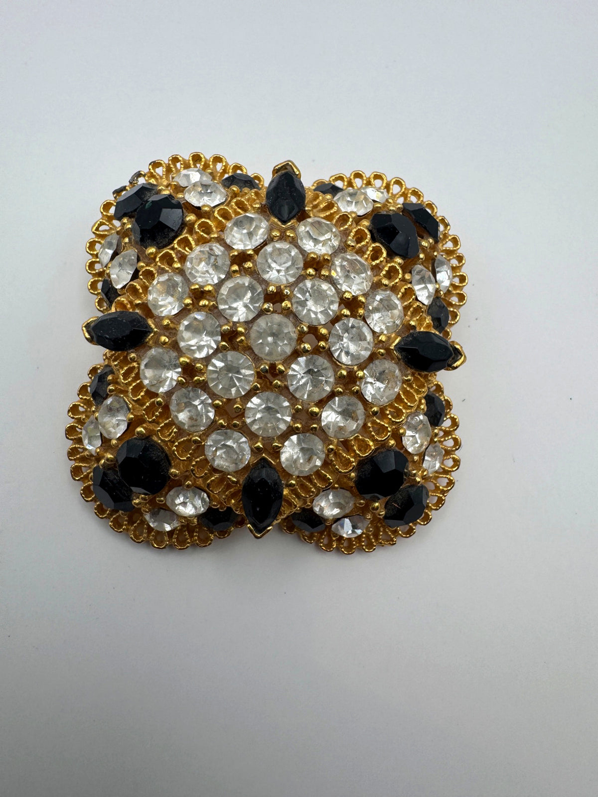 Vintage Monet Gold Tone Pavé Rhinestone Quatrefoil Brooch, Black & Clear Crystal, Signed