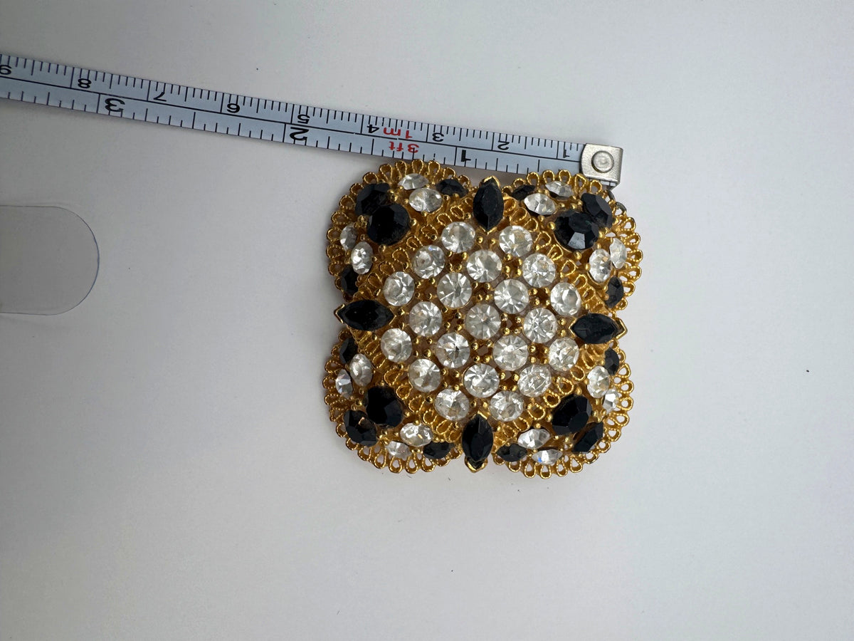 Vintage Monet Gold Tone Pavé Rhinestone Quatrefoil Brooch, Black & Clear Crystal, Signed