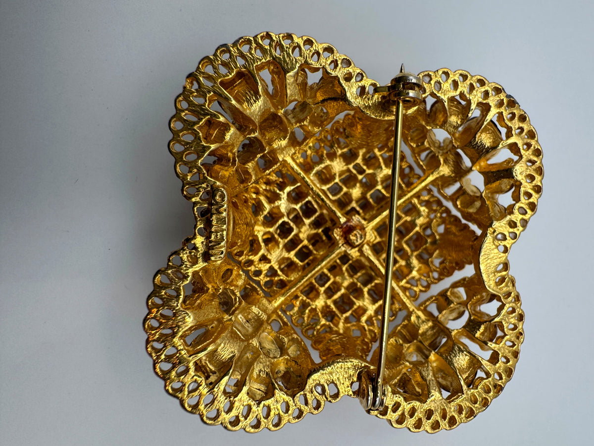 Vintage Monet Gold Tone Pavé Rhinestone Quatrefoil Brooch, Black & Clear Crystal, Signed