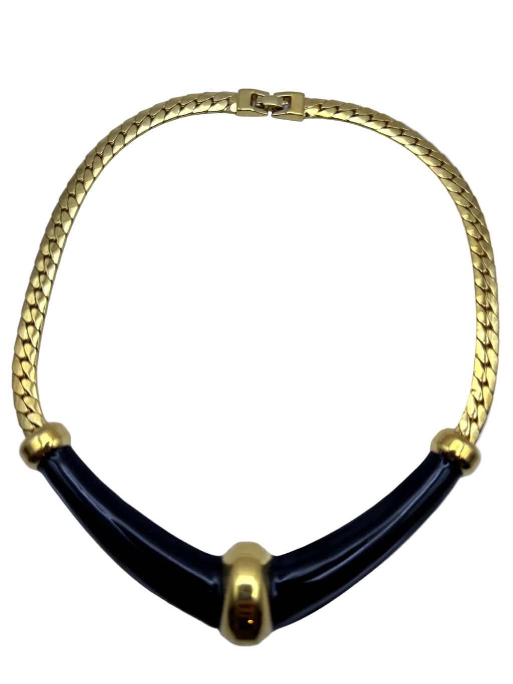 Vintage Monet Gold Tone Herringbone Chain Collar Necklace, Black Enamel Bar Accent, Signed