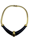 Vintage Monet Gold Tone Herringbone Chain Collar Necklace, Black Enamel Bar Accent, Signed