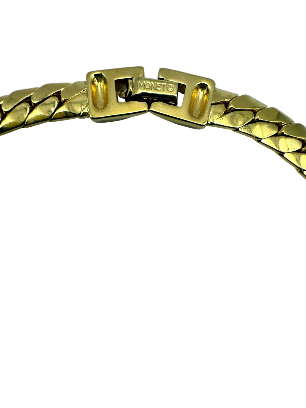 Vintage Monet Gold Tone Herringbone Chain Collar Necklace, Black Enamel Bar Accent, Signed