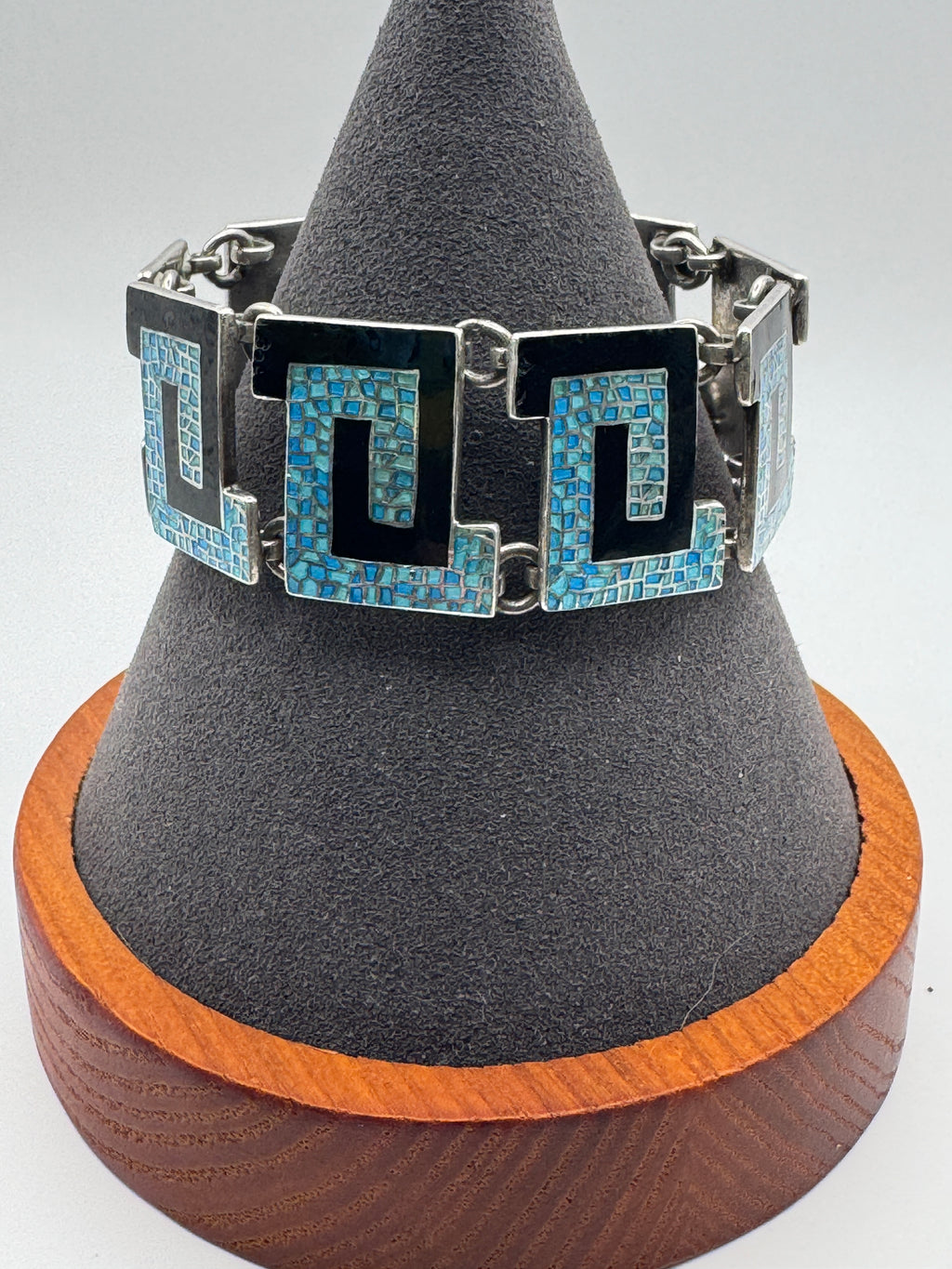 Margot de Taxco Sterling Silver Greek Key Bracelet, Blue Confetti Enamel, Signed #5542