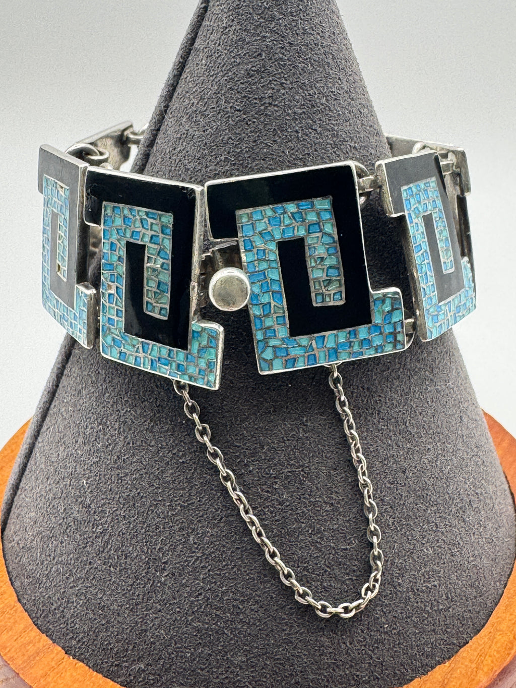 Margot de Taxco Sterling Silver Greek Key Bracelet, Blue Confetti Enamel, Signed #5542