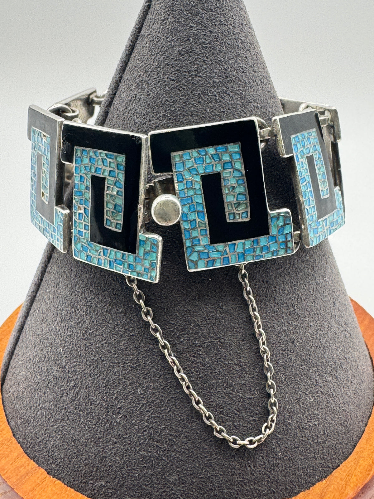 Margot de Taxco Sterling Silver Greek Key Bracelet, Blue Confetti Enamel, Signed #5542