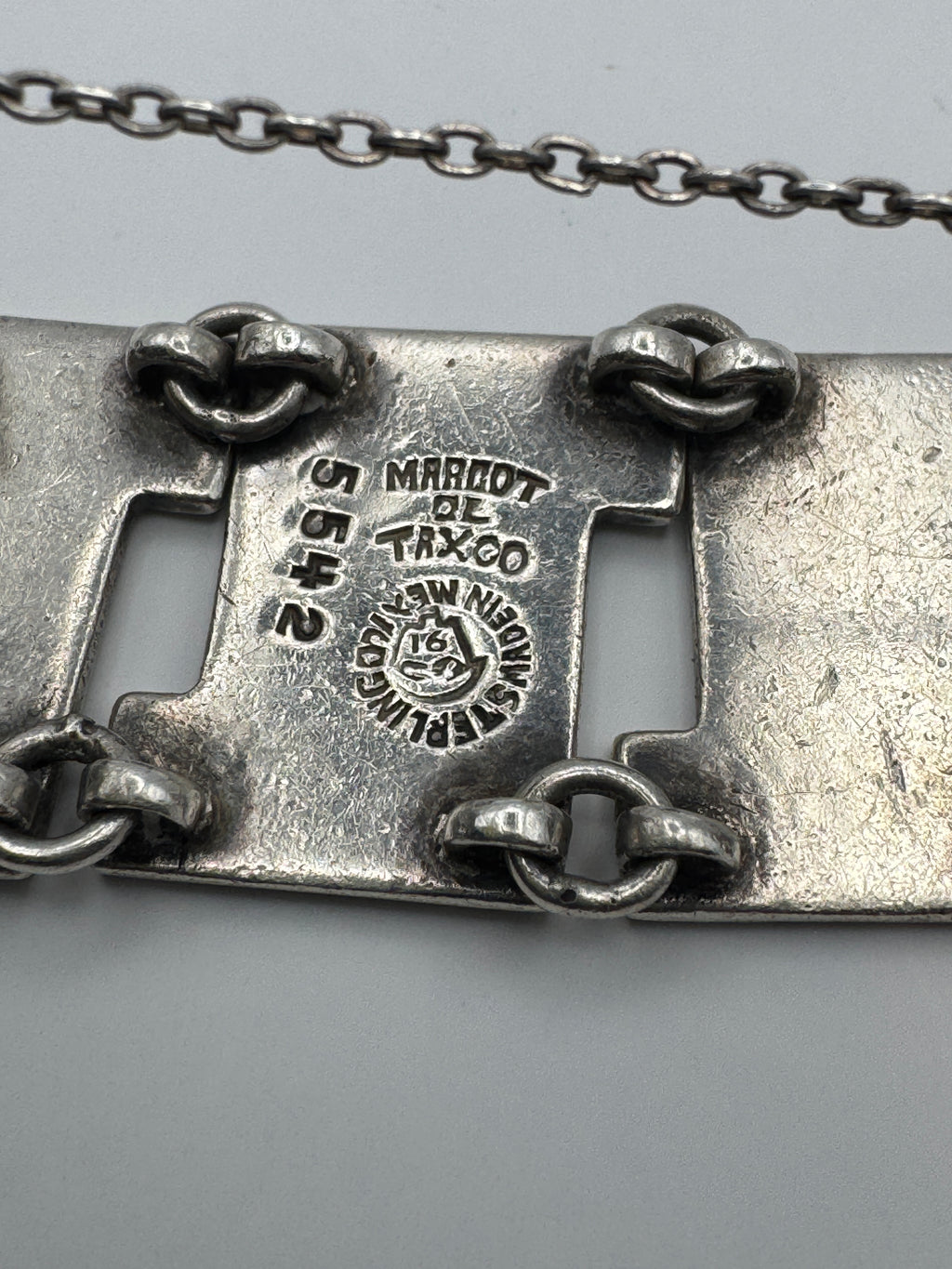 Margot de Taxco Sterling Silver Greek Key Bracelet, Blue Confetti Enamel, Signed #5542