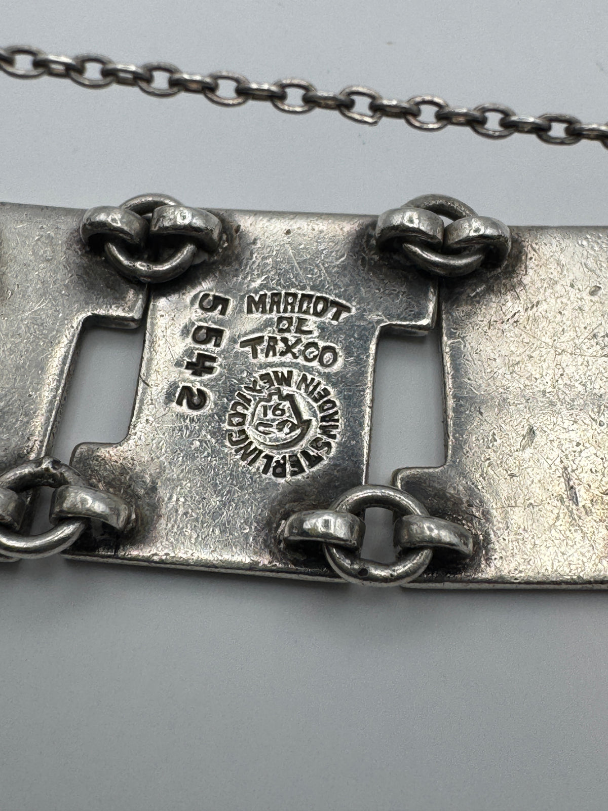 Margot de Taxco Sterling Silver Greek Key Bracelet, Blue Confetti Enamel, Signed #5542