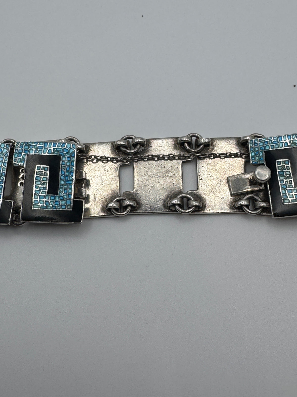 Margot de Taxco Sterling Silver Greek Key Bracelet, Blue Confetti Enamel, Signed #5542