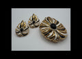 Vintage Signed Oumala Gold Tone Black White Enamel Rhinestone Brooch & Pierced Earrings Set