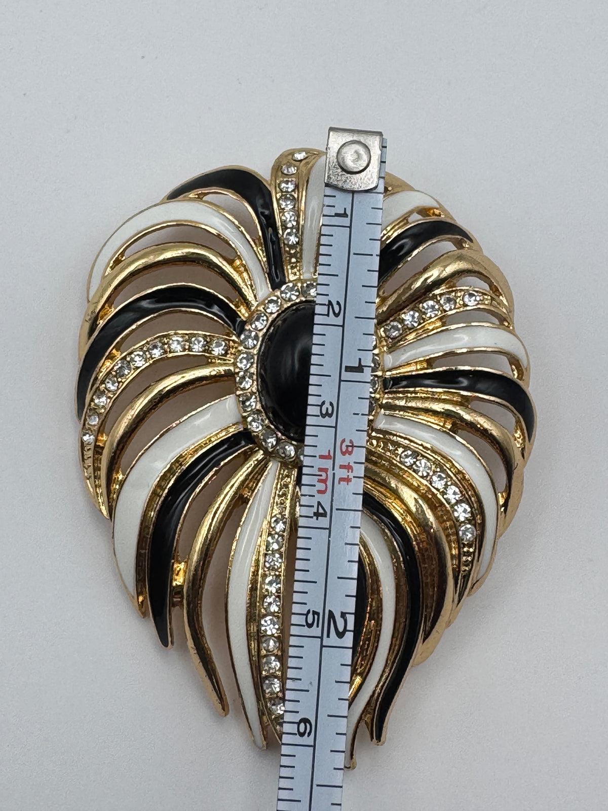 Vintage Signed Oumala Gold Tone Black White Enamel Rhinestone Brooch & Pierced Earrings Set