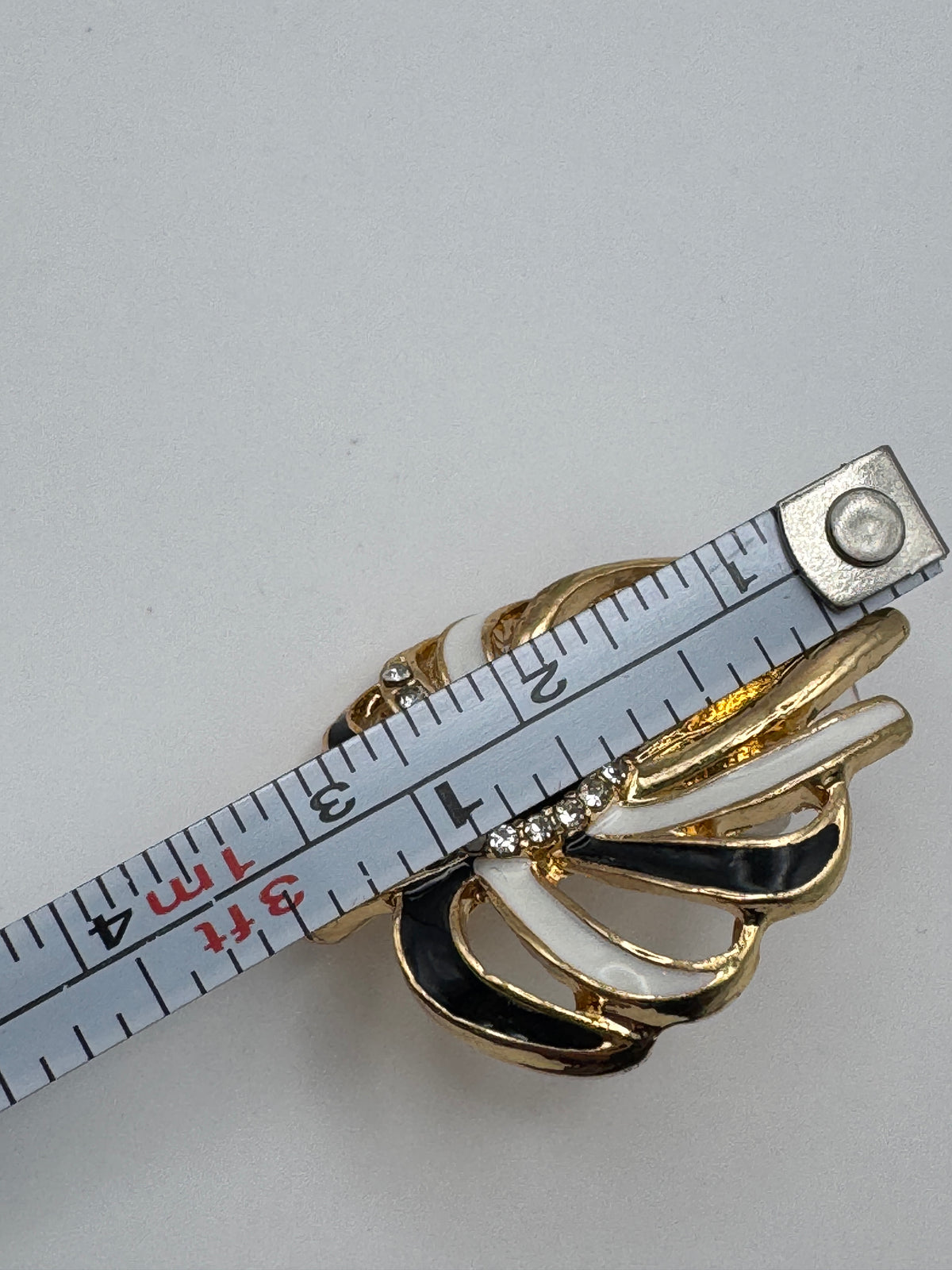 Vintage Signed Oumala Gold Tone Black White Enamel Rhinestone Brooch & Pierced Earrings Set