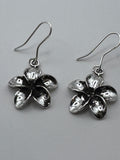 Silver Tone Plumeria Flower Dangle Earrings Oxidized Hawaiian Frangipani Fish Hook