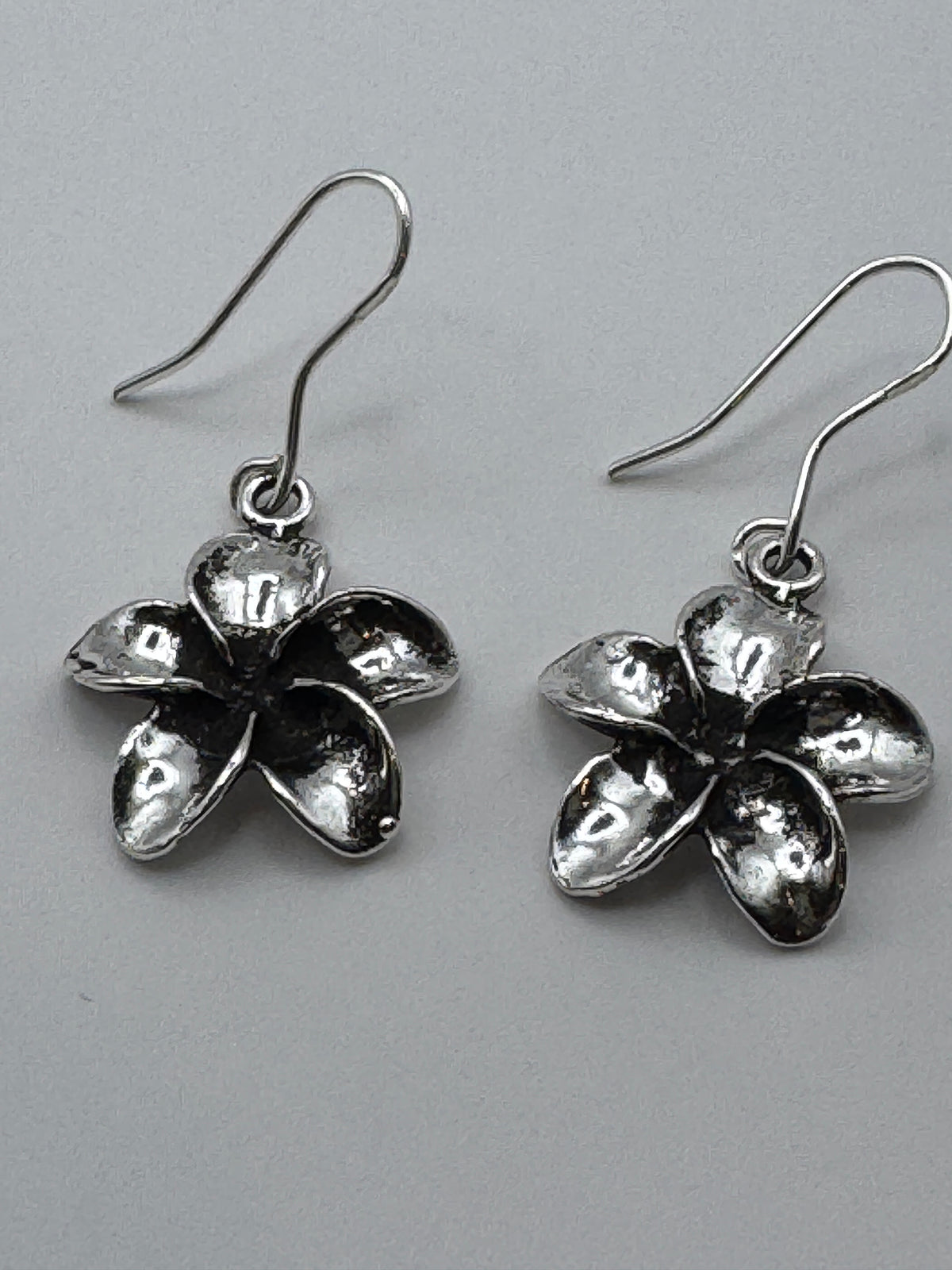 Silver Tone Plumeria Flower Dangle Earrings Oxidized Hawaiian Frangipani Fish Hook