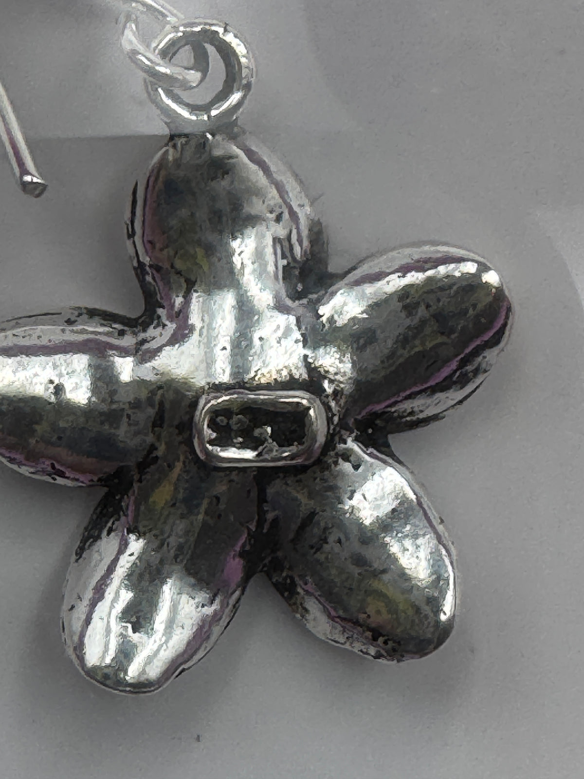 Silver Tone Plumeria Flower Dangle Earrings Oxidized Hawaiian Frangipani Fish Hook