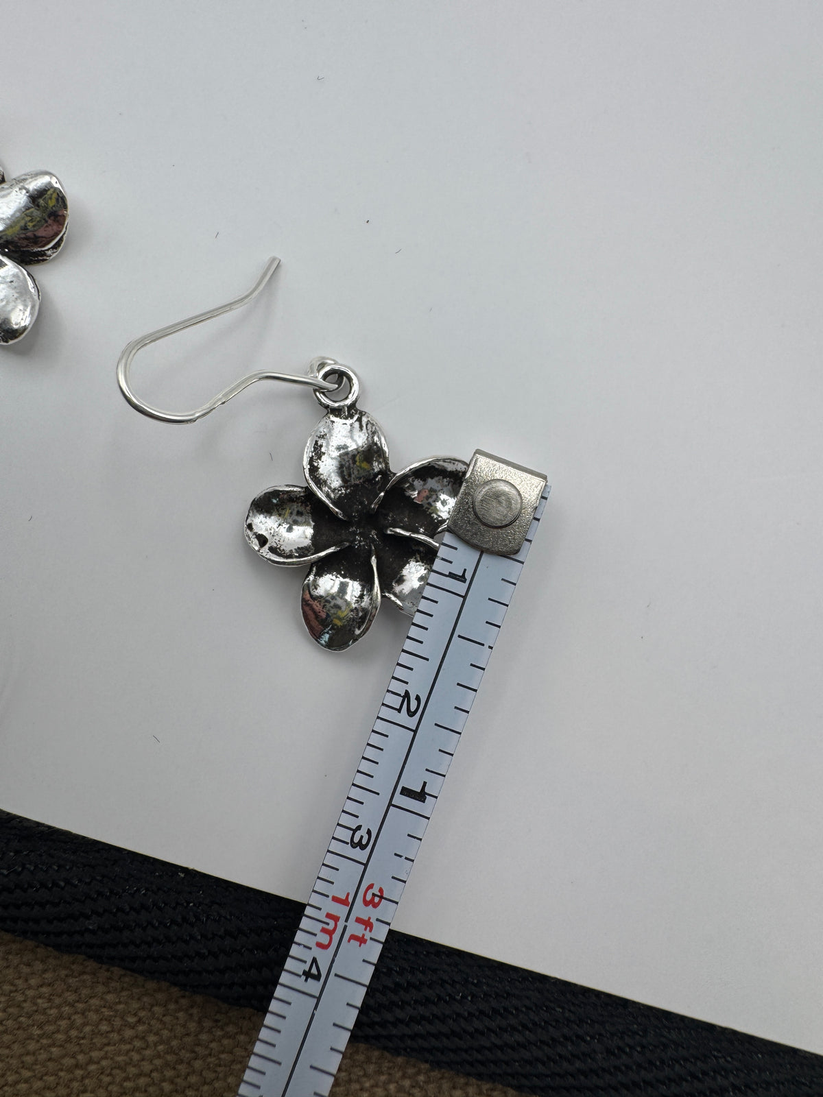 Silver Tone Plumeria Flower Dangle Earrings Oxidized Hawaiian Frangipani Fish Hook