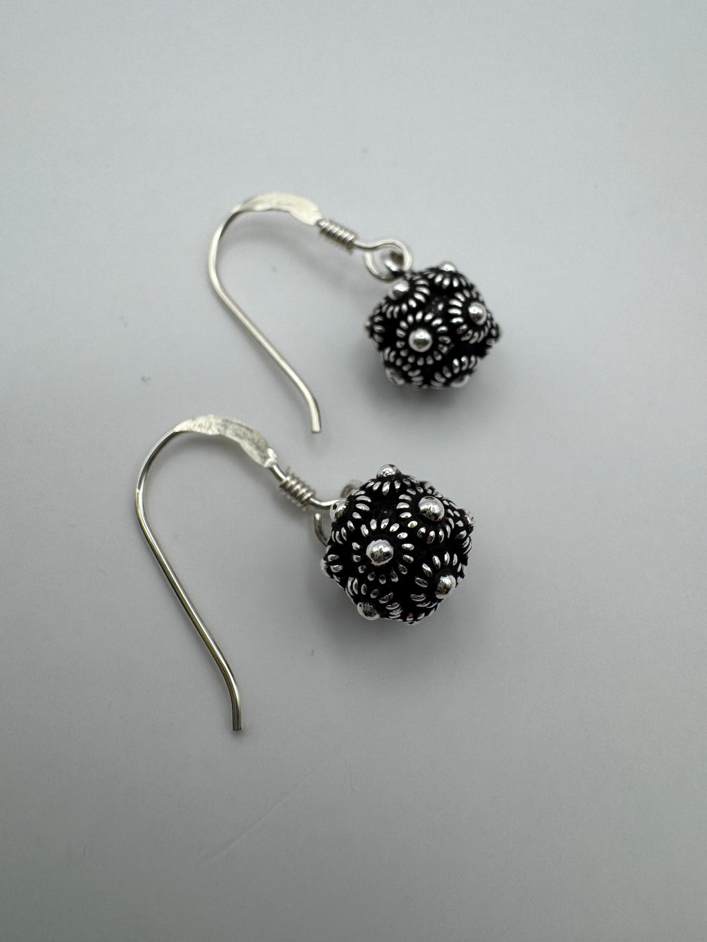 925 Sterling Silver Oxidized Ball Dangle Earrings Zeeland Button Style Filigree Granulation