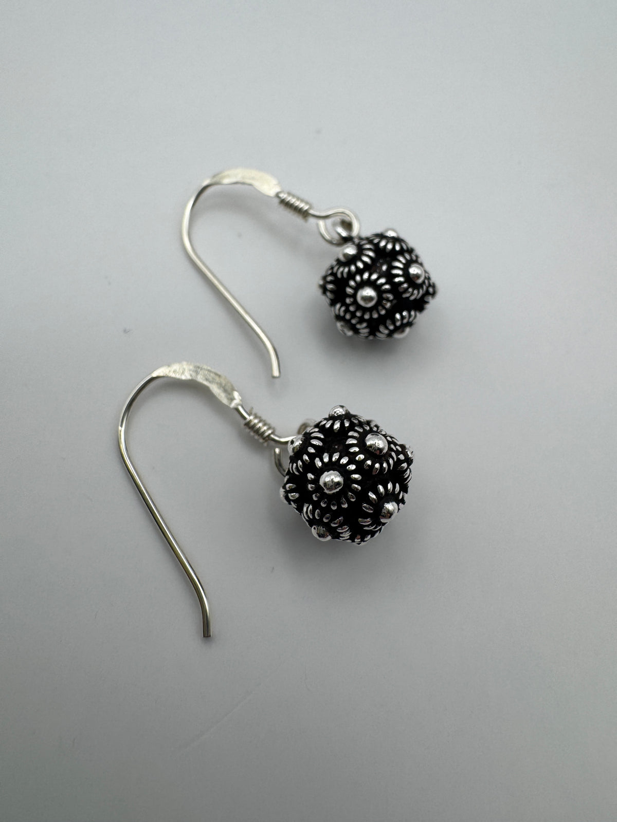 925 Sterling Silver Oxidized Ball Dangle Earrings Zeeland Button Style Filigree Granulation