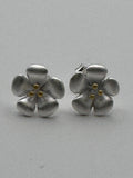 Silver Tone Satin Flower Stud Earrings Two Tone Gold Center Brushed Five Petal Dainty