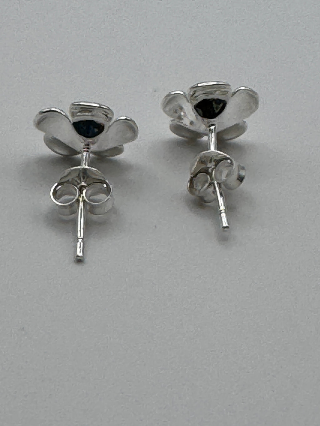 Silver Tone Satin Flower Stud Earrings Two Tone Gold Center Brushed Five Petal Dainty