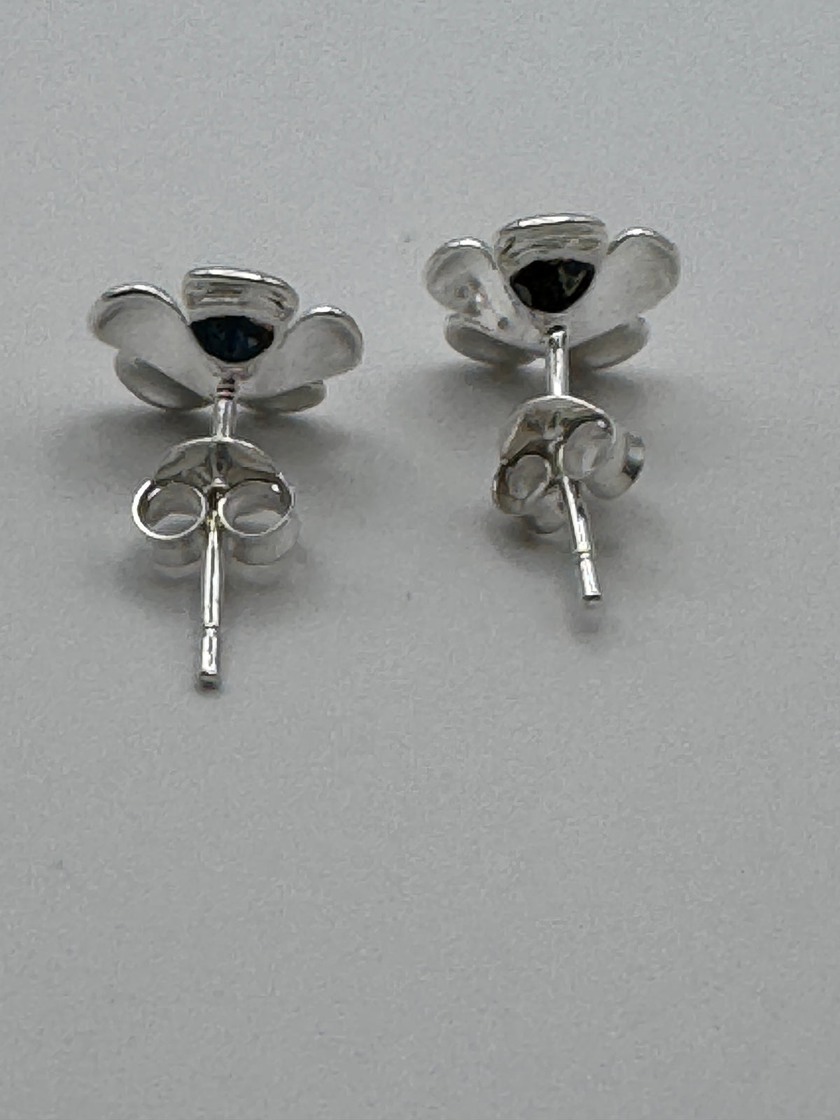 Silver Tone Satin Flower Stud Earrings Two Tone Gold Center Brushed Five Petal Dainty
