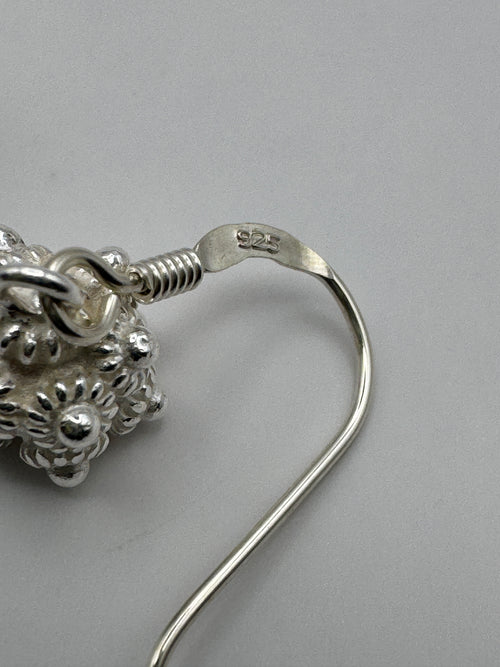 925 Sterling Silver Bright Ball Dangle Earrings Zeeland Button Style Filigree Granulation