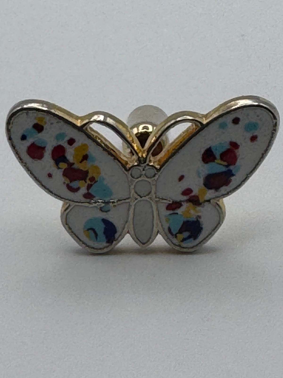 Vintage Sarah Coventry Butterfly Tac Pin White Enamel Splatter Paint Gold Tone Lapel Signed