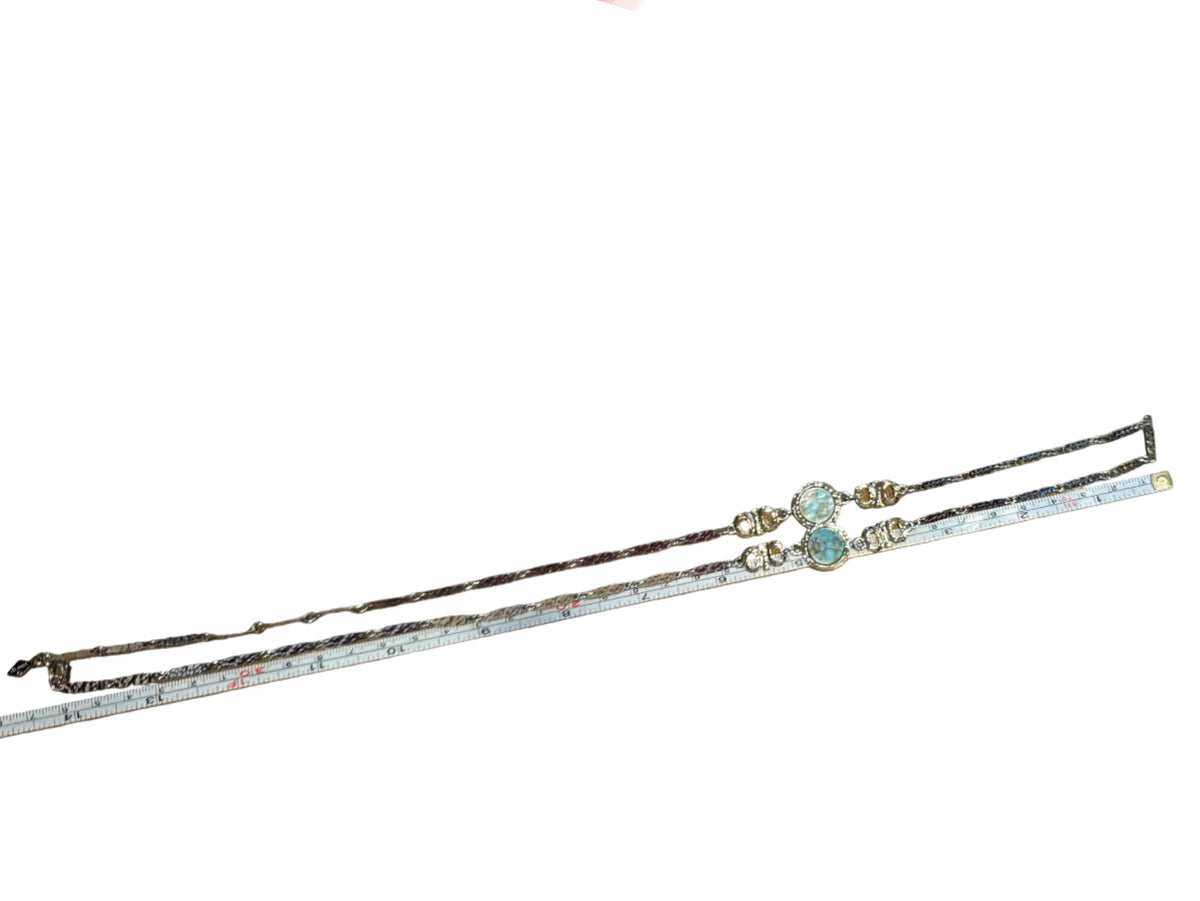 Vintage Sarah Coventry Silver Tone Turquoise Color Station Necklace 28" Hammered Link Signed