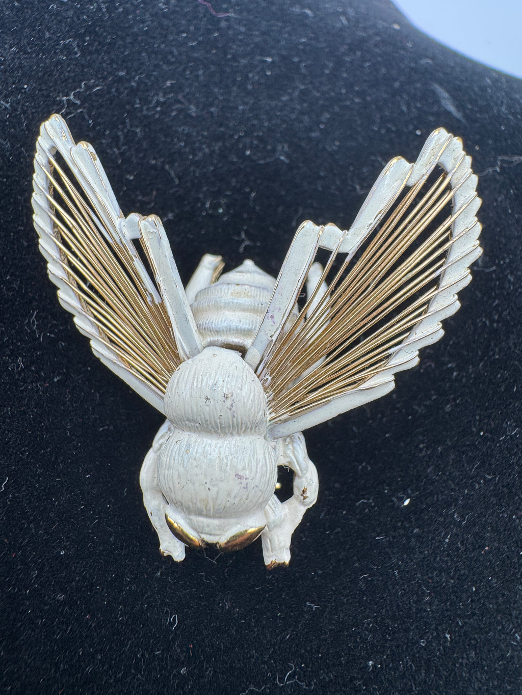 Vintage Monet White Enamel Bee Brooch Gold Tone Wire Wings Large 3D Bumblebee Pin Signed