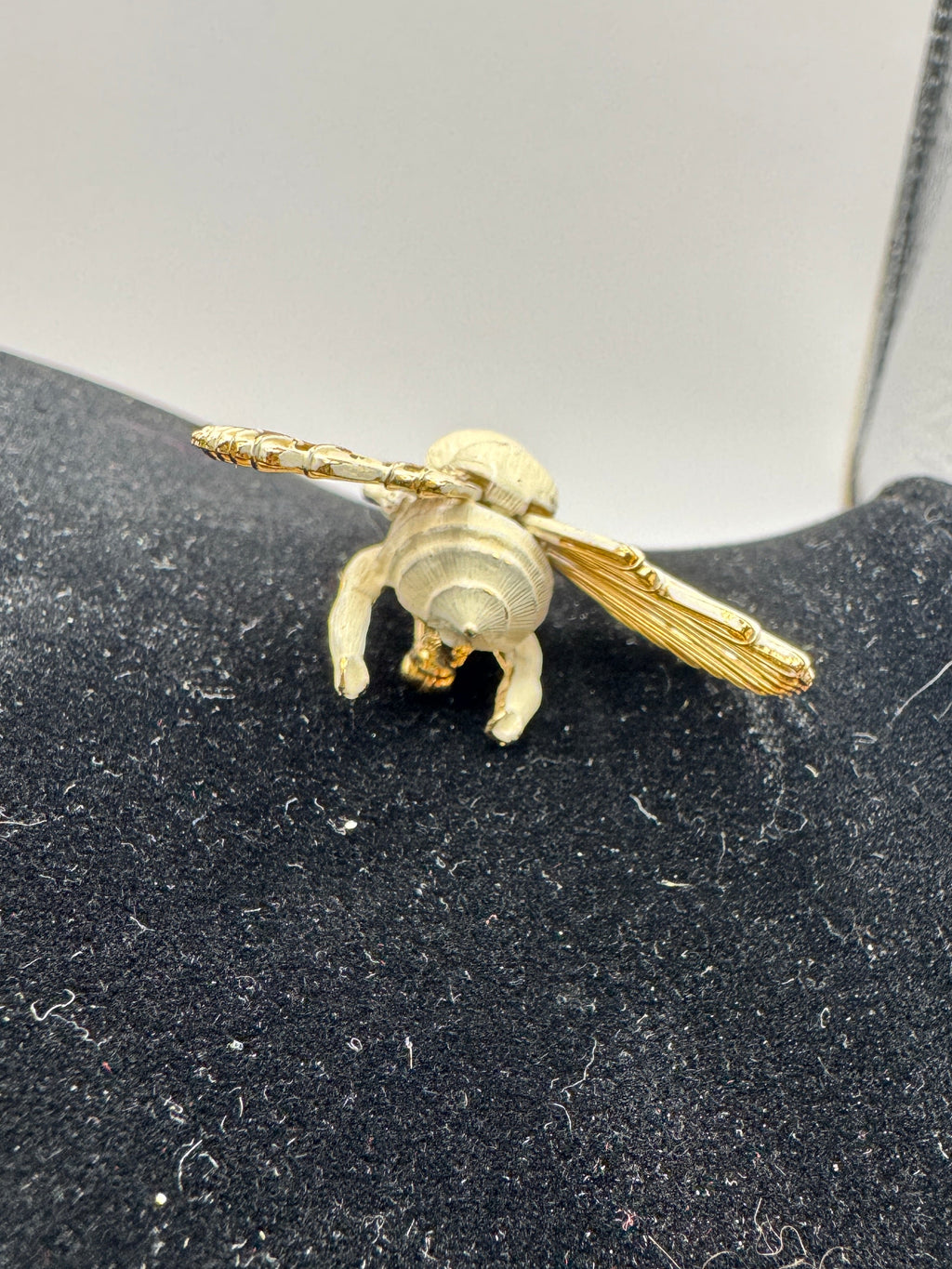 Vintage Monet White Enamel Bee Brooch Gold Tone Wire Wings Large 3D Bumblebee Pin Signed