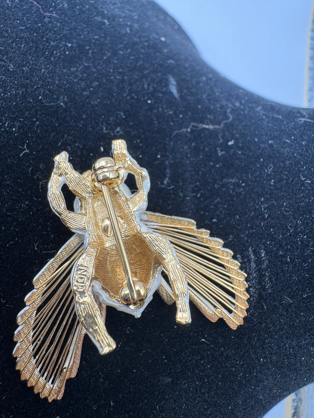 Vintage Monet White Enamel Bee Brooch Gold Tone Wire Wings Large 3D Bumblebee Pin Signed