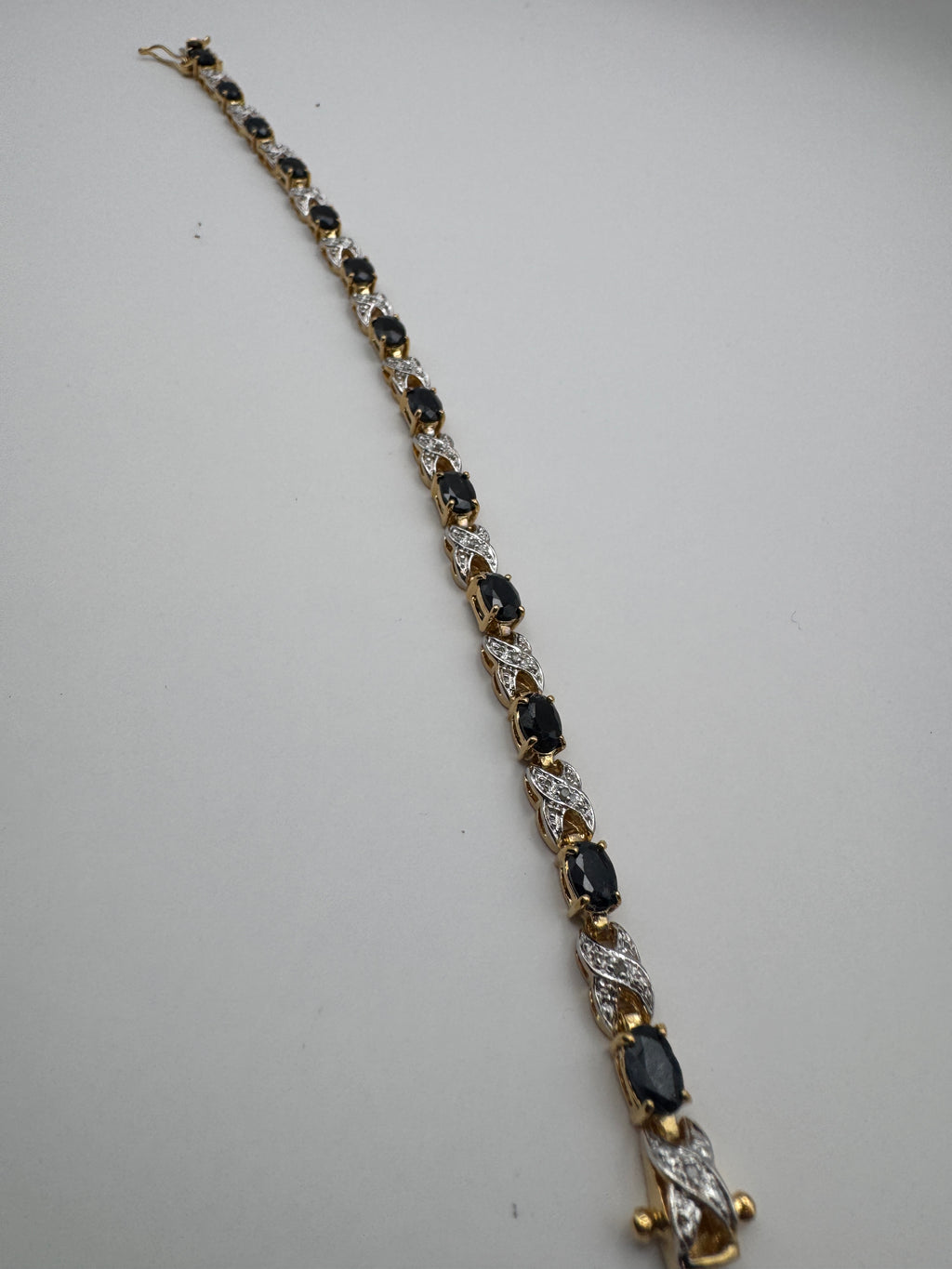 Vintage 18KGF Gold Filled Two Tone X Link Bracelet Dark Blue Oval Stones 7.5"