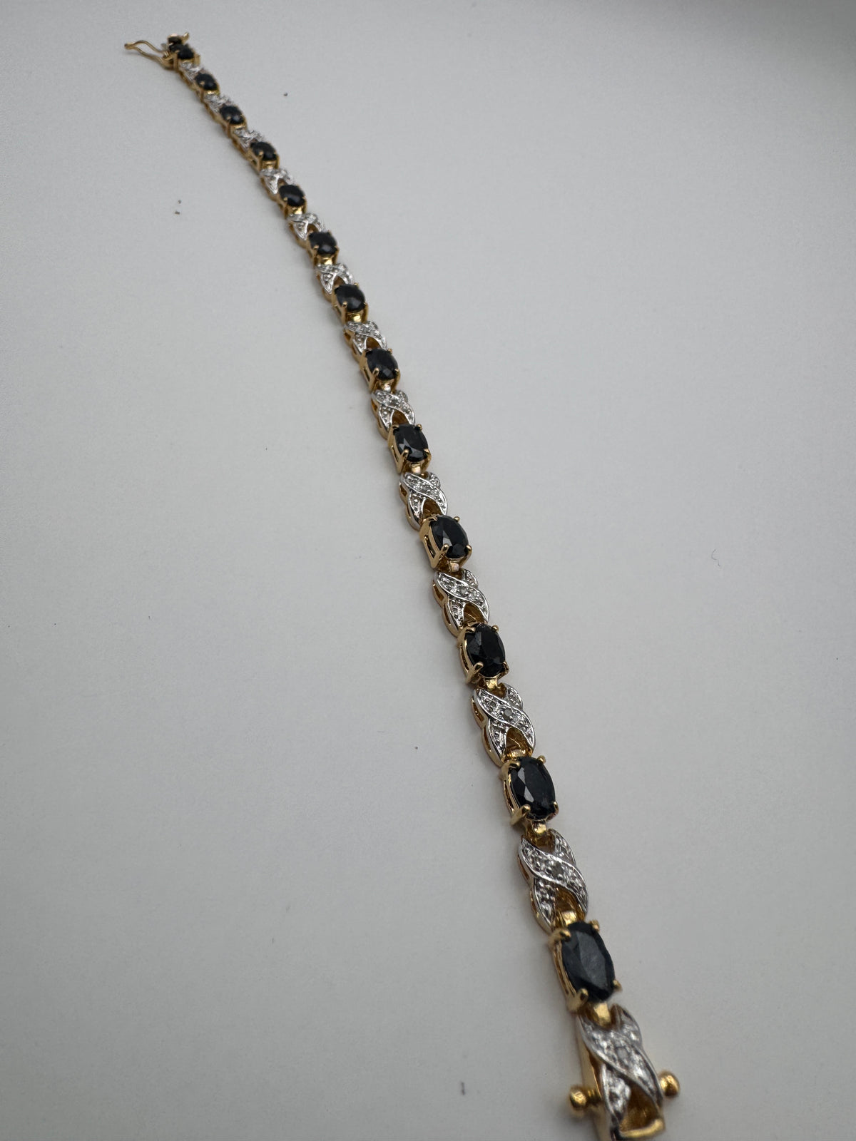 Vintage 18KGF Gold Filled Two Tone X Link Bracelet Dark Blue Oval Stones 7.5"