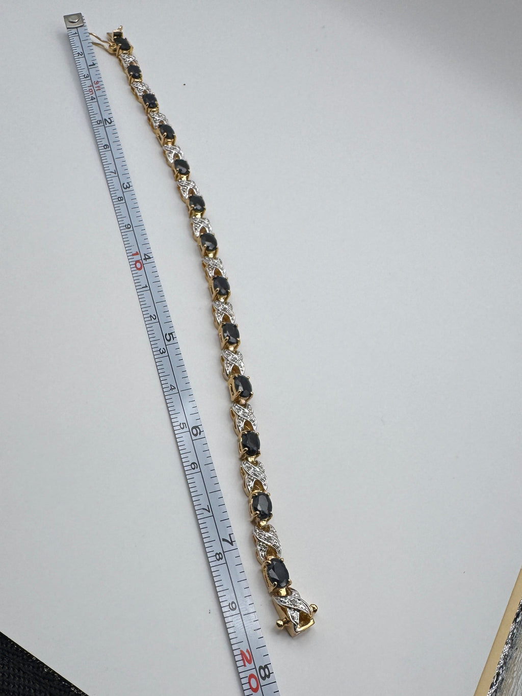 Vintage 18KGF Gold Filled Two Tone X Link Bracelet Dark Blue Oval Stones 7.5"