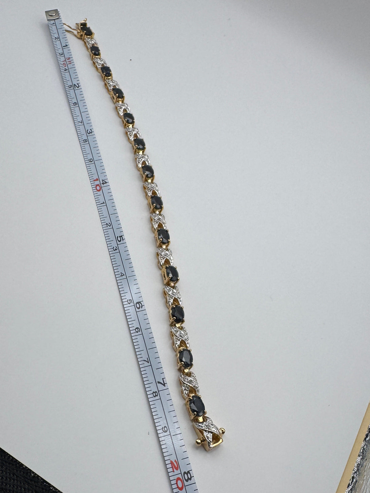 Vintage 18KGF Gold Filled Two Tone X Link Bracelet Dark Blue Oval Stones 7.5"