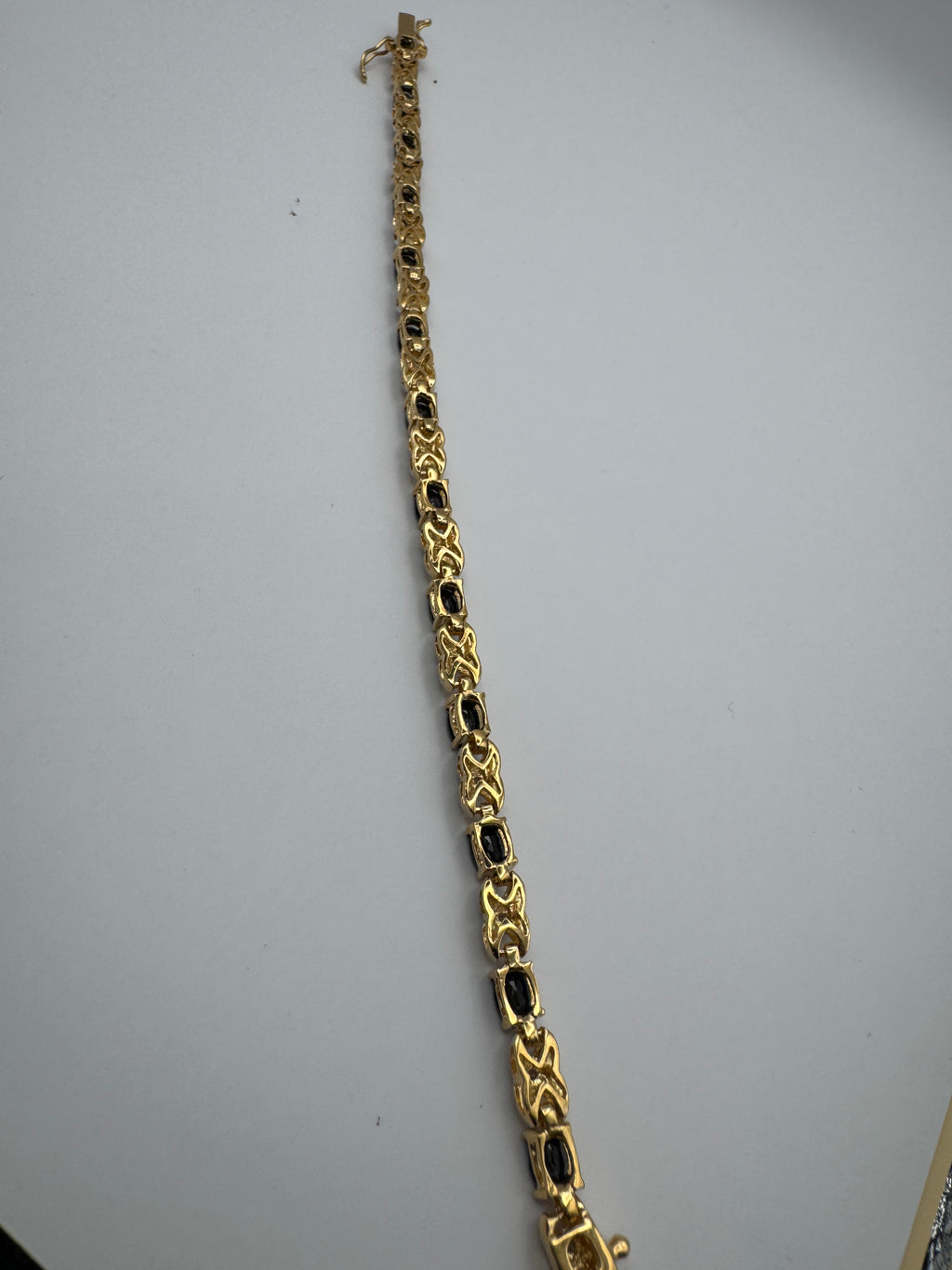 Vintage 18KGF Gold Filled Two Tone X Link Bracelet Dark Blue Oval Stones 7.5"