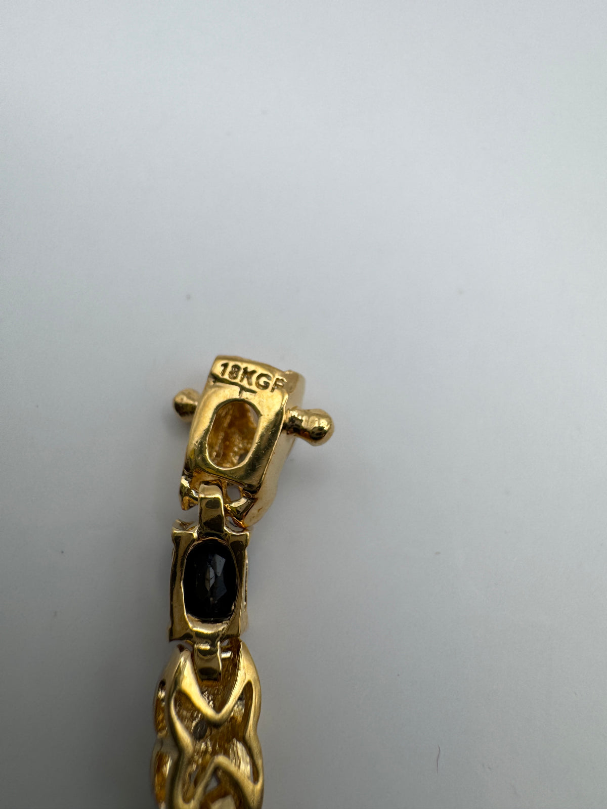 Vintage 18KGF Gold Filled Two Tone X Link Bracelet Dark Blue Oval Stones 7.5"
