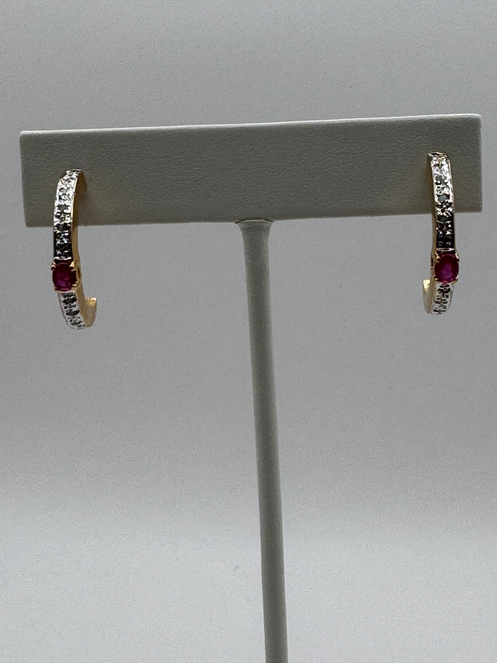 Vintage 18KGP Gold Plated Half Hoop Earrings Red Center Stone White Accent Stones Post