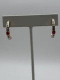 Vintage 18KGP Gold Plated Half Hoop Earrings Red Center Stone White Accent Stones Post