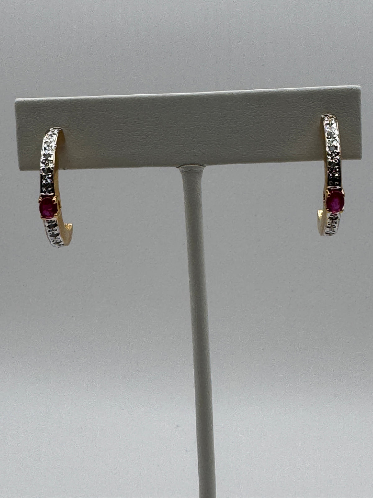 Vintage 18KGP Gold Plated Half Hoop Earrings Red Center Stone White Accent Stones Post