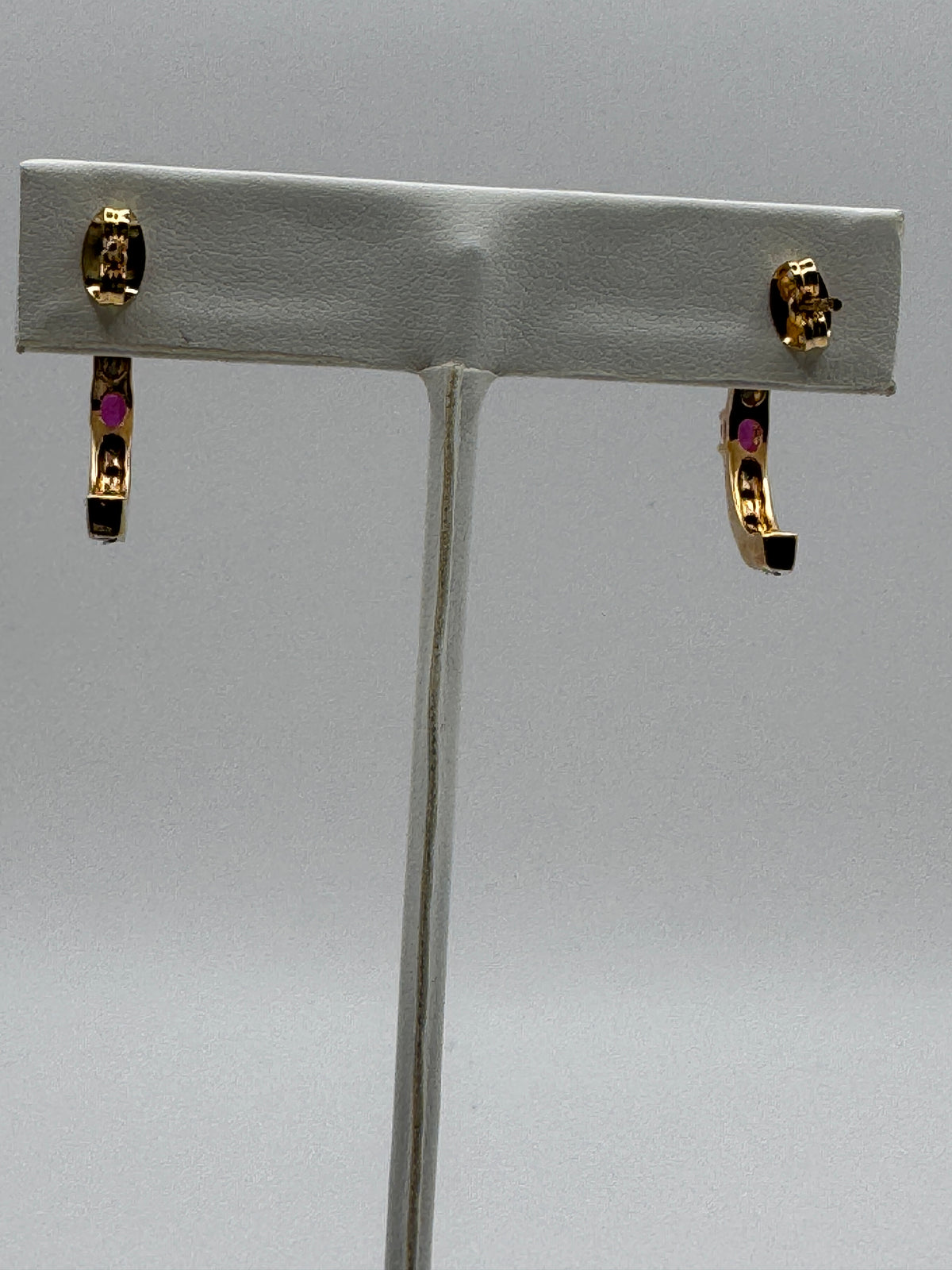 Vintage 18KGP Gold Plated Half Hoop Earrings Red Center Stone White Accent Stones Post