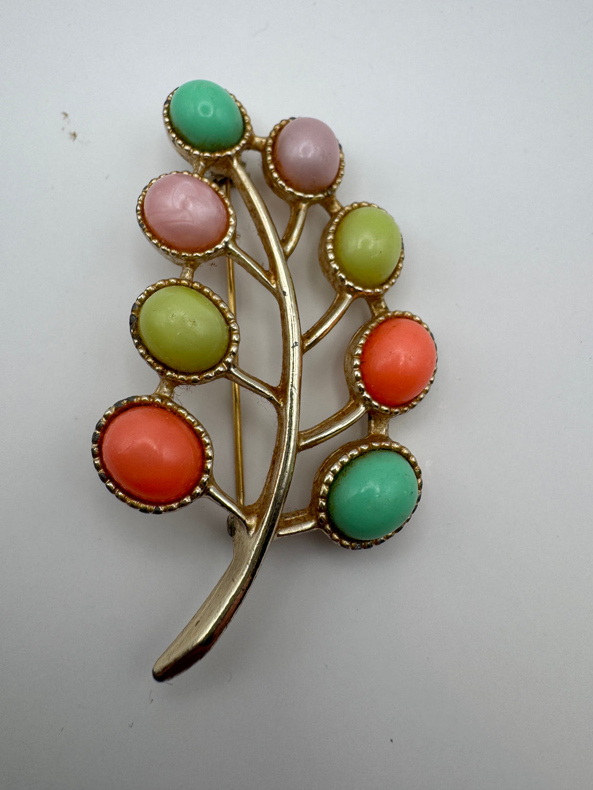 Vintage Signed Capri Pastel Cabochon Branch Brooch Pin Gold Tone Coral Mint Pink 2"