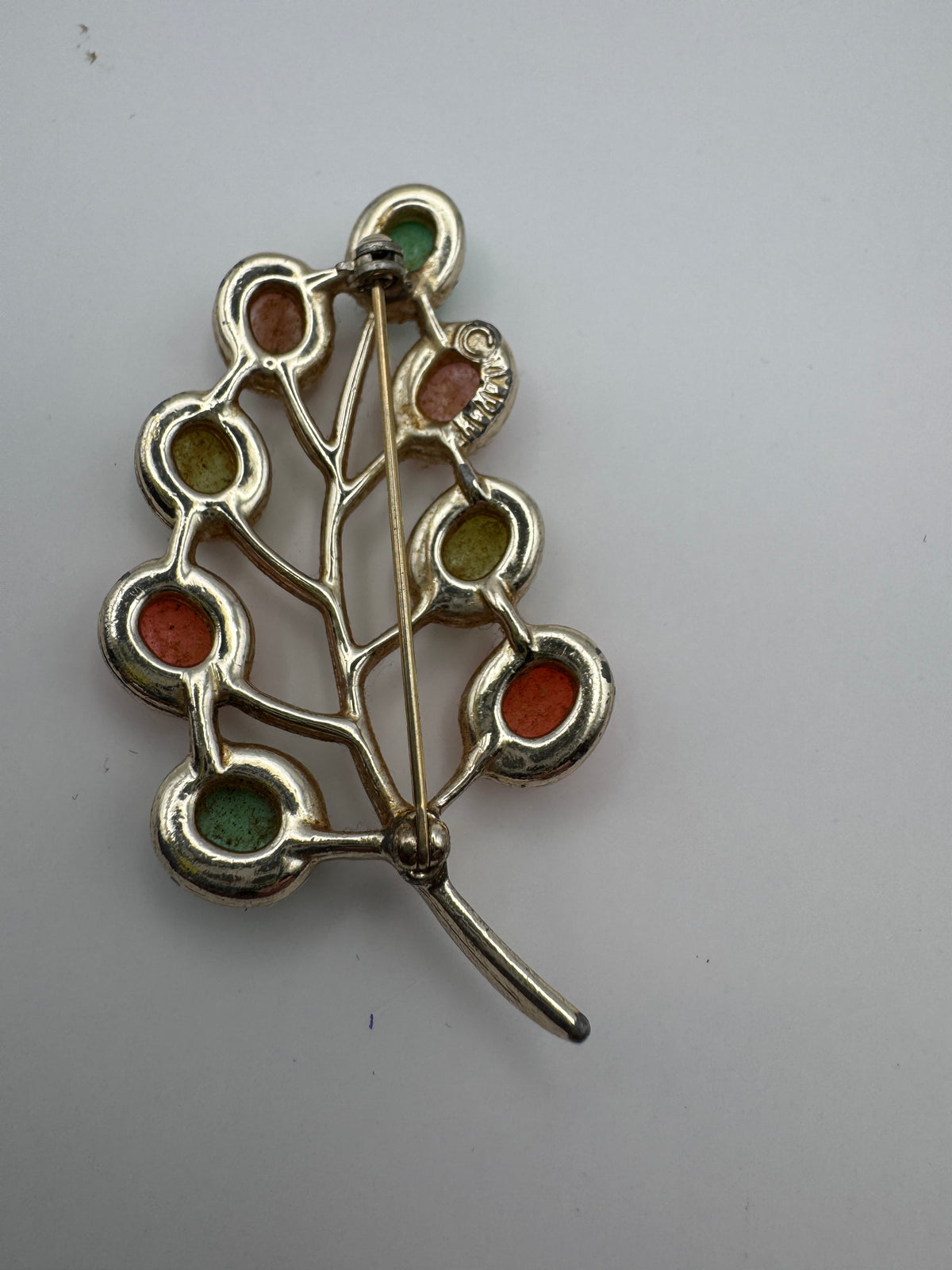 Vintage Signed Capri Pastel Cabochon Branch Brooch Pin Gold Tone Coral Mint Pink 2"