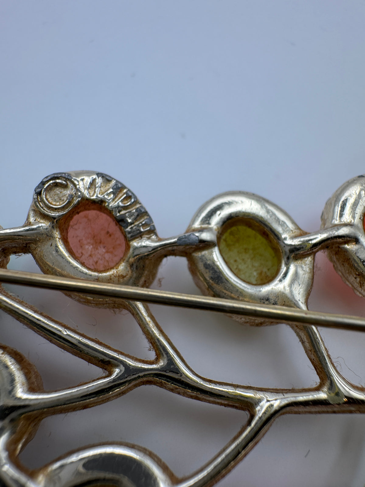 Vintage Signed Capri Pastel Cabochon Branch Brooch Pin Gold Tone Coral Mint Pink 2"