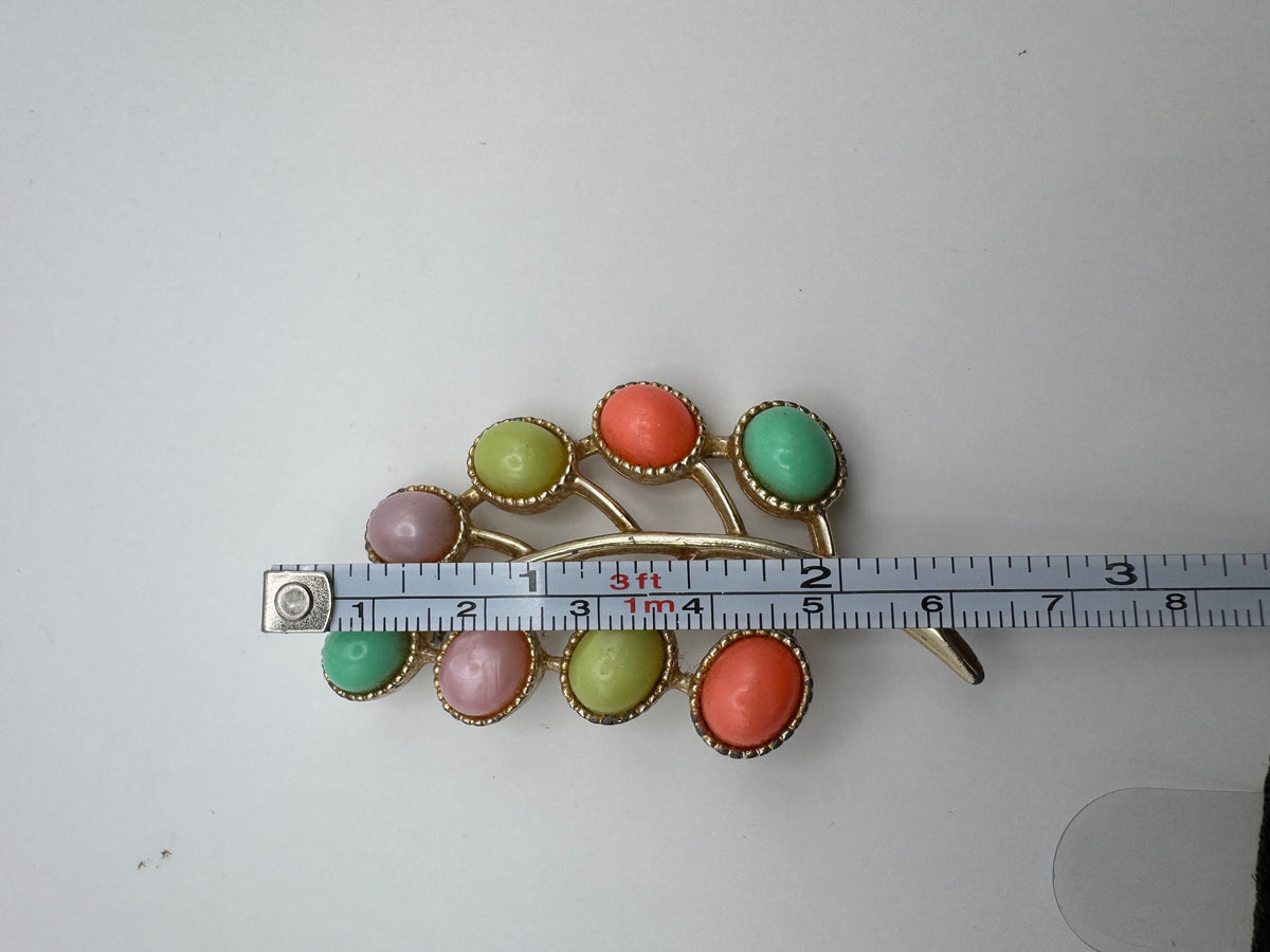 Vintage Signed Capri Pastel Cabochon Branch Brooch Pin Gold Tone Coral Mint Pink 2"