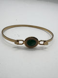 Vintage Sarah Coventry Bangle Bracelet Green Swirl Cabochon Gold Tone Hook Clasp Signed 2.75"
