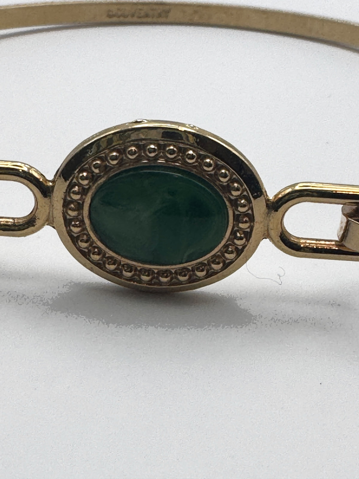 Vintage Sarah Coventry Bangle Bracelet Green Swirl Cabochon Gold Tone Hook Clasp Signed 2.75"