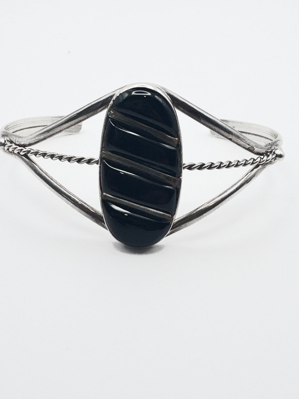 Vintage Sterling Silver Carved Black Stone Cuff Bracelet Signed M Twisted Wire Southwestern Style