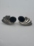 Vintage Silver Tone Black Stone Fan Wing Post Earrings Ribbed Scallop Design 1⅛"