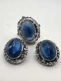 Vintage Whiting & Davis Blue Glass Cabochon Clip Earrings & Matching Ring Set Ornate Silver Tone