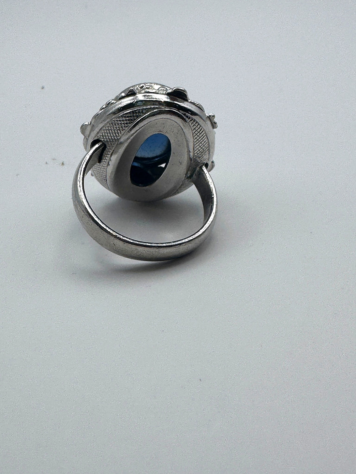 Vintage Whiting & Davis Blue Glass Cabochon Clip Earrings & Matching Ring Set Ornate Silver Tone